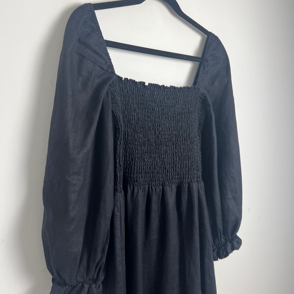 Reformation Small Black Gitane 100% Linen Long Puff Sleeve Smocked Midi Dress - Picture 6 of 14